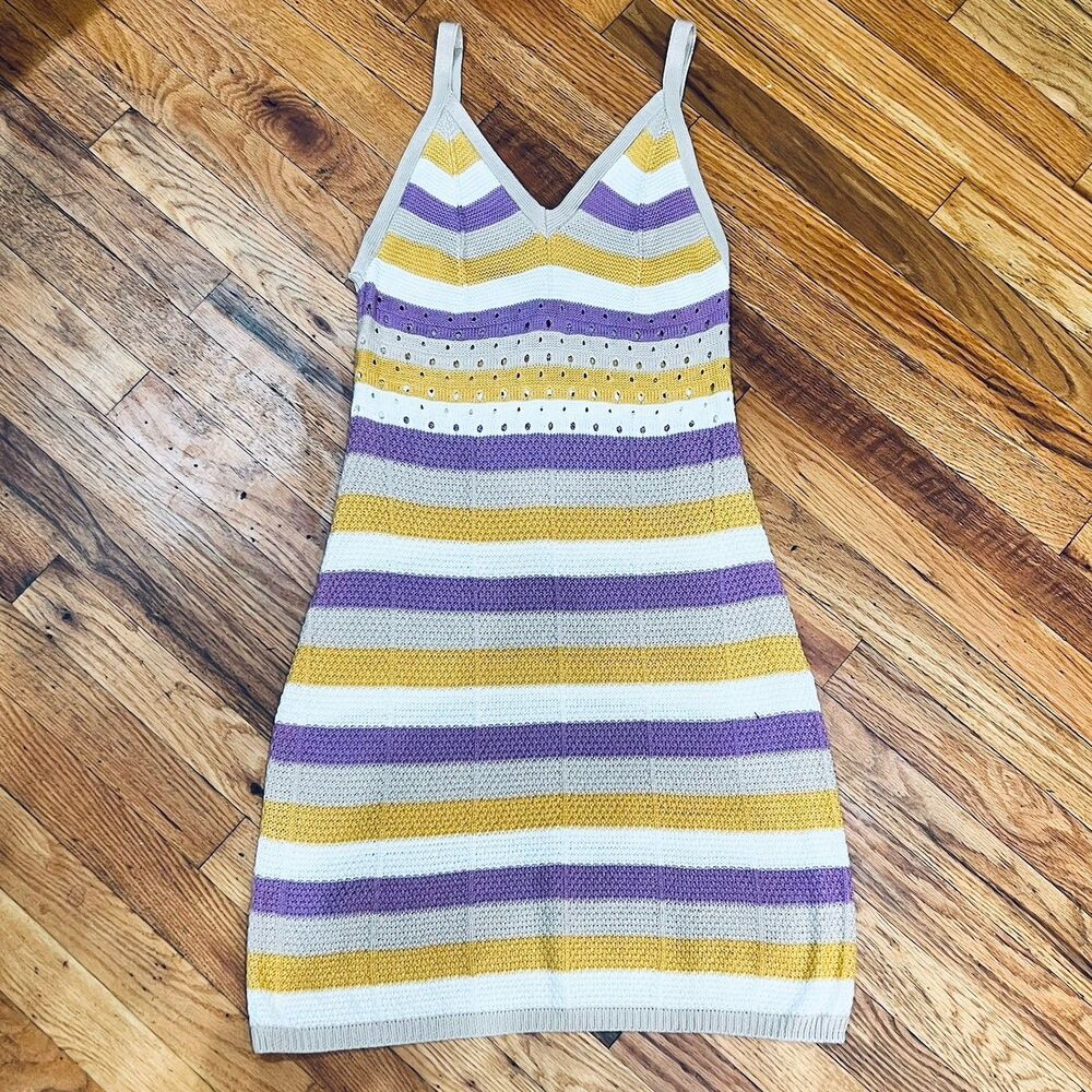 Ultra Flirt Womens Med Striped Crochet Knit Spaghetti Strap Dress Purple Yellow